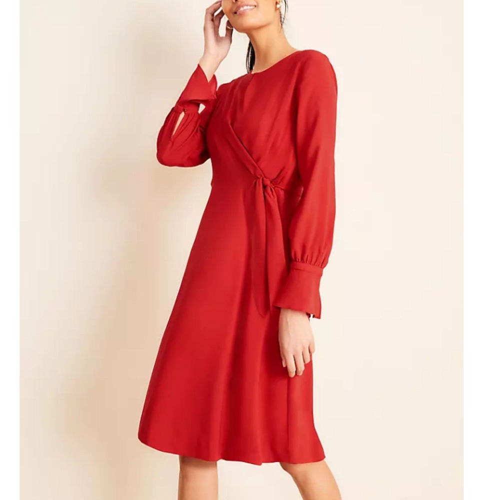 Ann Taylor Dress Womens 2 Red Front Tie Long Sleeve Satin Sheen Fit Flare